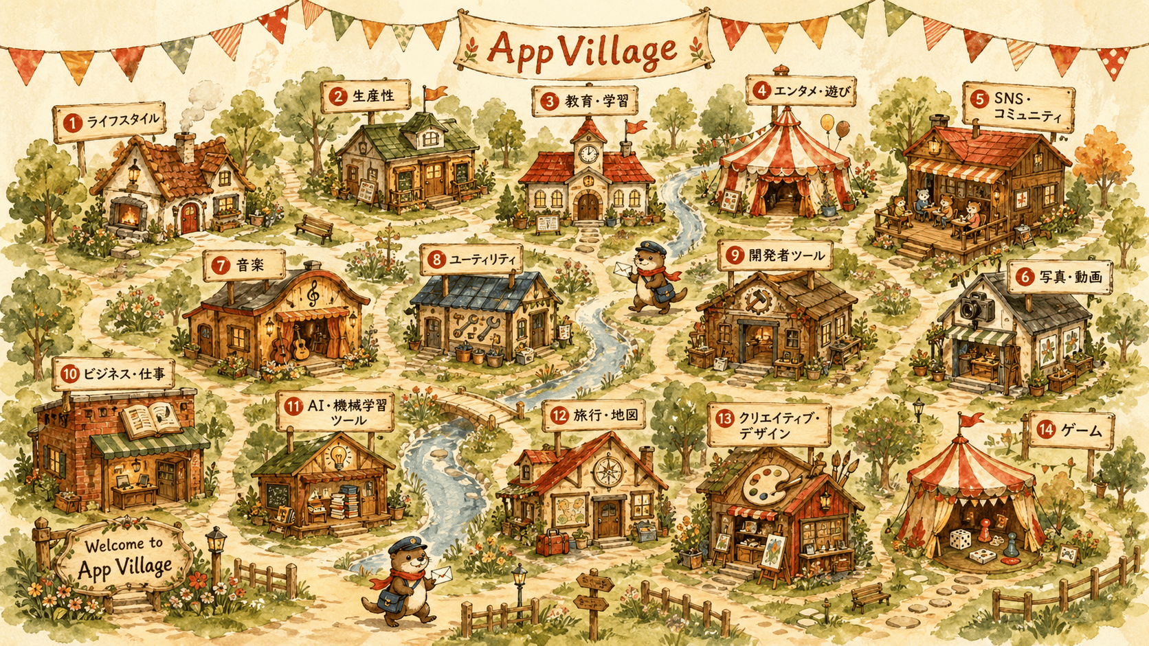 AppVillage 村の地図 — 14のカテゴリを建物として配置した俯瞰図
